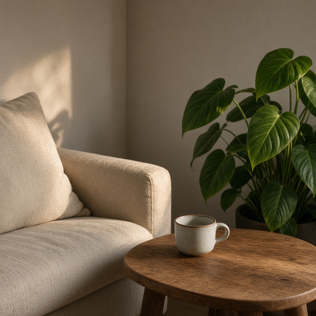 En stue med sofa, kop og plante